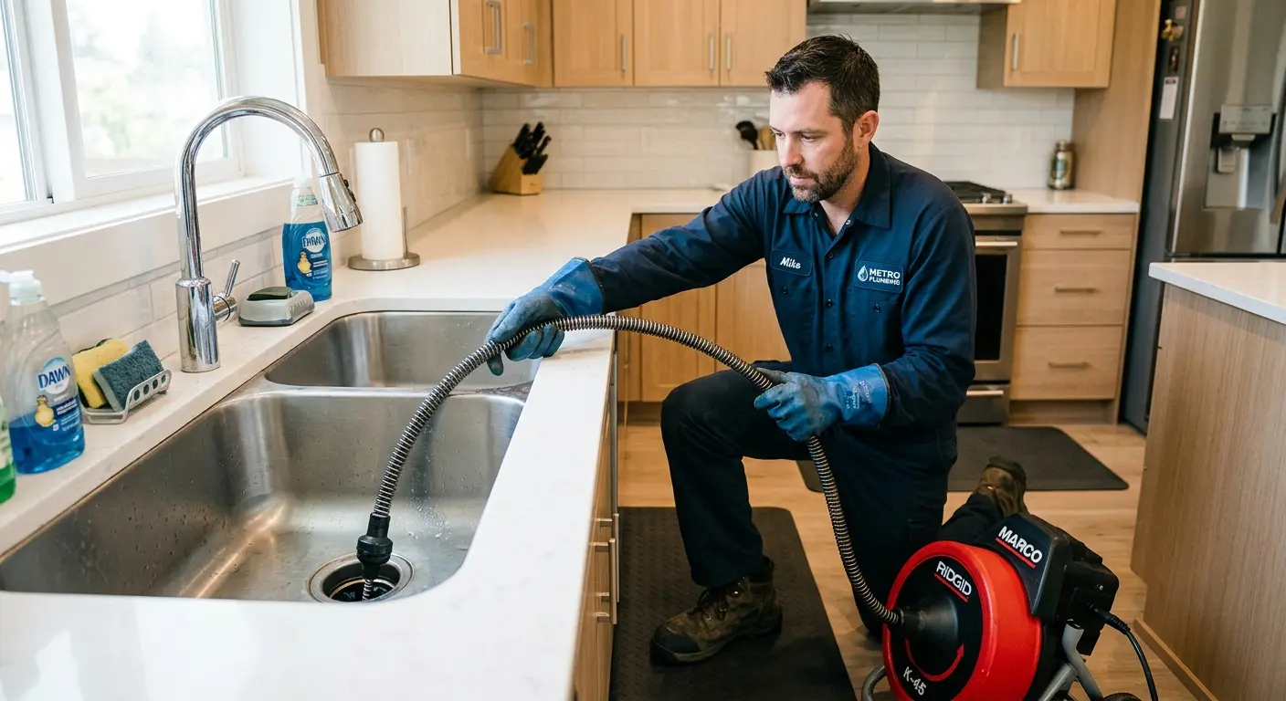 Drain cleaning technician using a motorized snake on a kitchen sink in Southwick