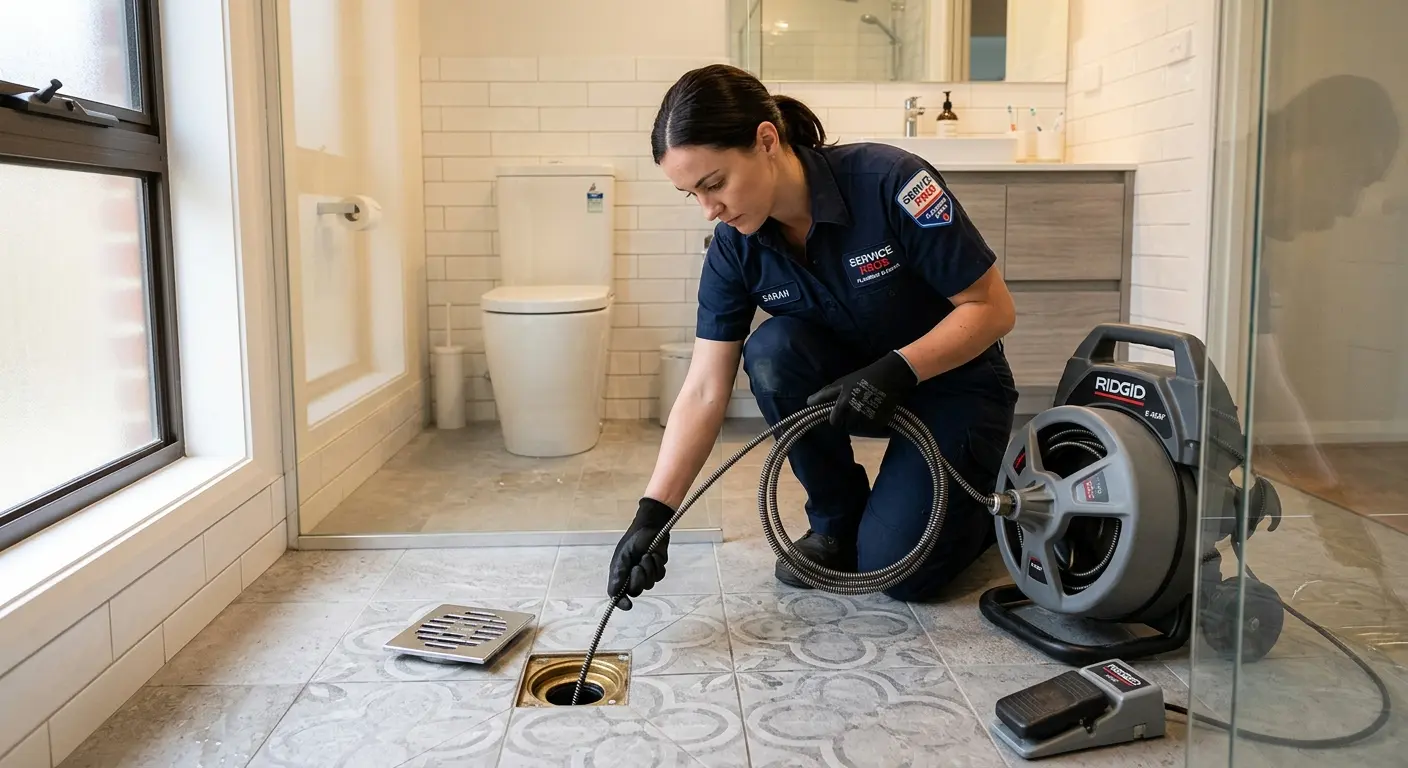Technician clearing a bathroom floor drain for Drain Repair in Southwick